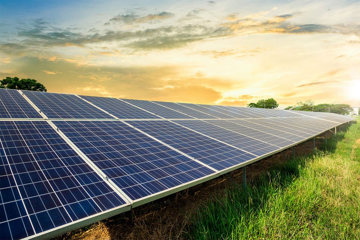 Eine sehr große Solaranlage auf einer Wiese 