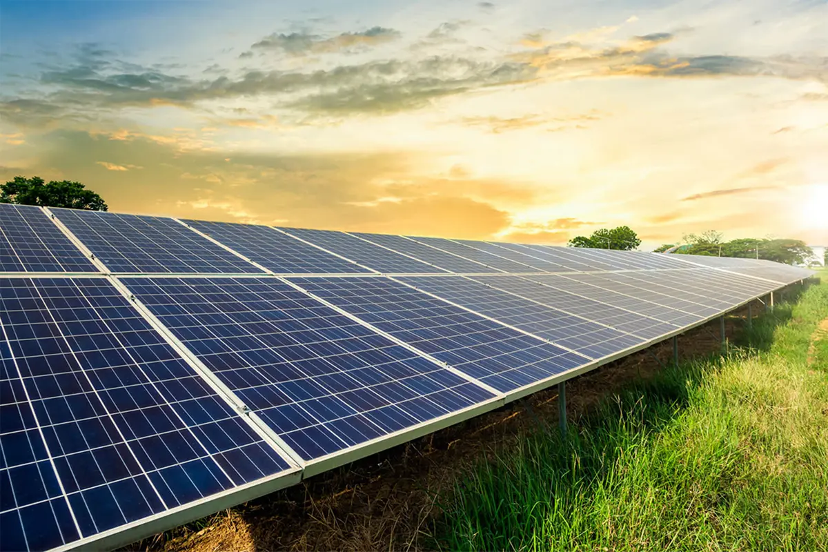 Eine sehr große Solaranlage auf einer Wiese 