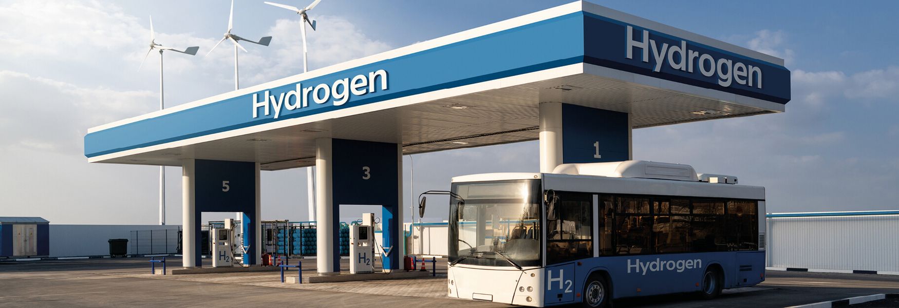 Wasserstoff Tankstelle mit einem Bus in Vordergrund, KI generiert