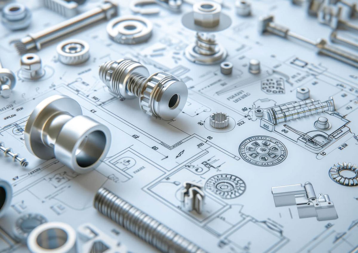 Technische Zeichnung mit Bauteilen drauf