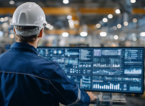 Ein Mitarbeiter schaut auf verschiedene Sensordaten auf einem Bildschirm in einer Produktionsanlage
