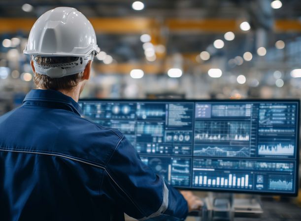 Ein Mitarbeiter schaut auf verschiedene Sensordaten auf einem Bildschirm in einer Produktionsanlage