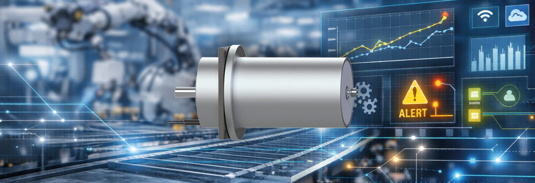 Hubmagnet 4.0 vor einer modernen Produktionsanlage mit Messdaten