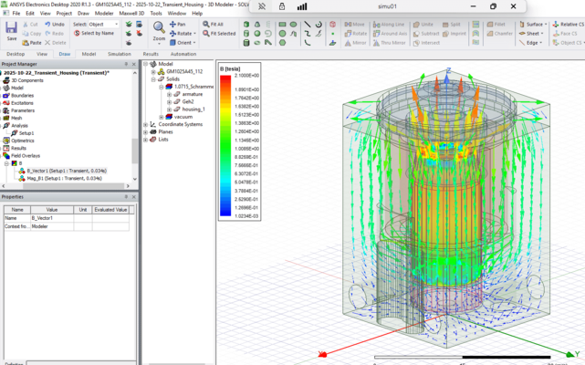 Screenshot einer Ansys-Maxwell-Simulation mit farbcodierten Magnetfeldern und 3D-Modell eines elektromagnetischen Aktuator