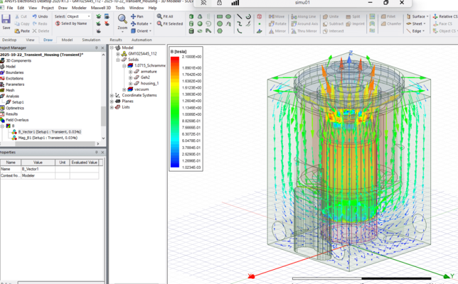 Screenshot einer Ansys-Maxwell-Simulation mit farbcodierten Magnetfeldern und 3D-Modell eines elektromagnetischen Aktuator