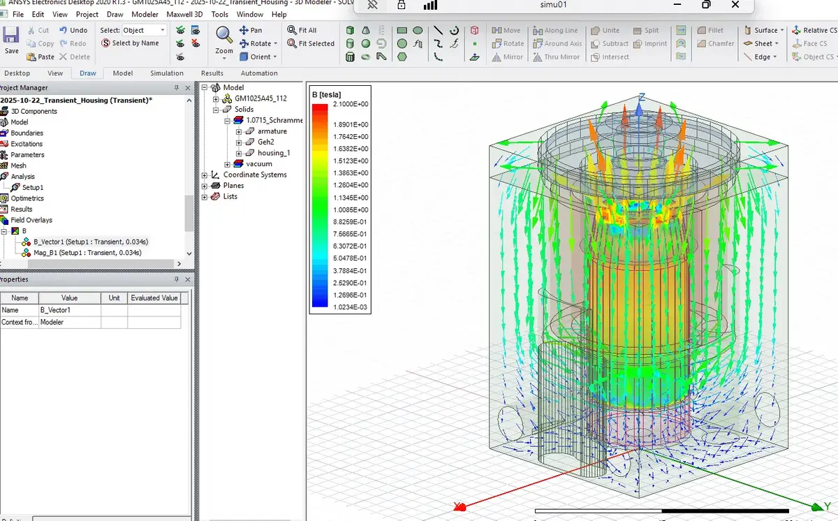 Screenshot einer Ansys-Maxwell-Simulation mit farbcodierten Magnetfeldern und 3D-Modell eines elektromagnetischen Aktuator