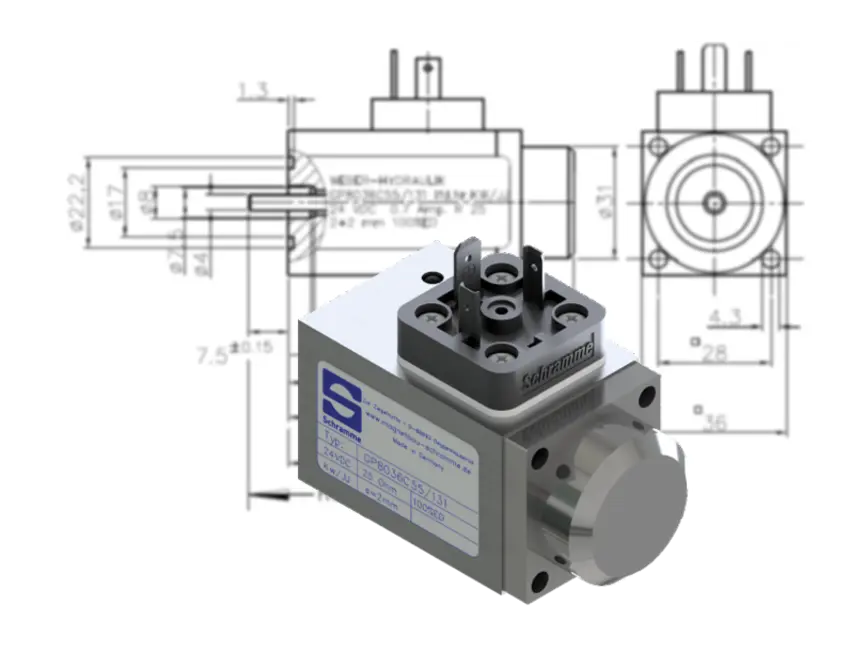 Ventilmagnet/Schaltmagnet von Magnetbau Schramme mit Technischer Zeichnung im Hintergrund